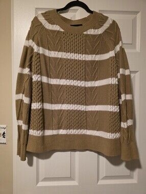 Striped Cable Knit Crewneck Sweater in Tan and Cream